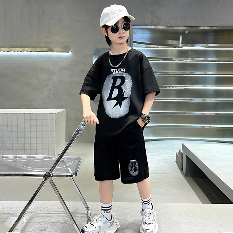 New Summer Teenager Boys Clothing Set Cotton Letter Short Sleeve T-shirt Shorts 2Pcs For 4-14 Years Kids Tracksuits Child Cloth