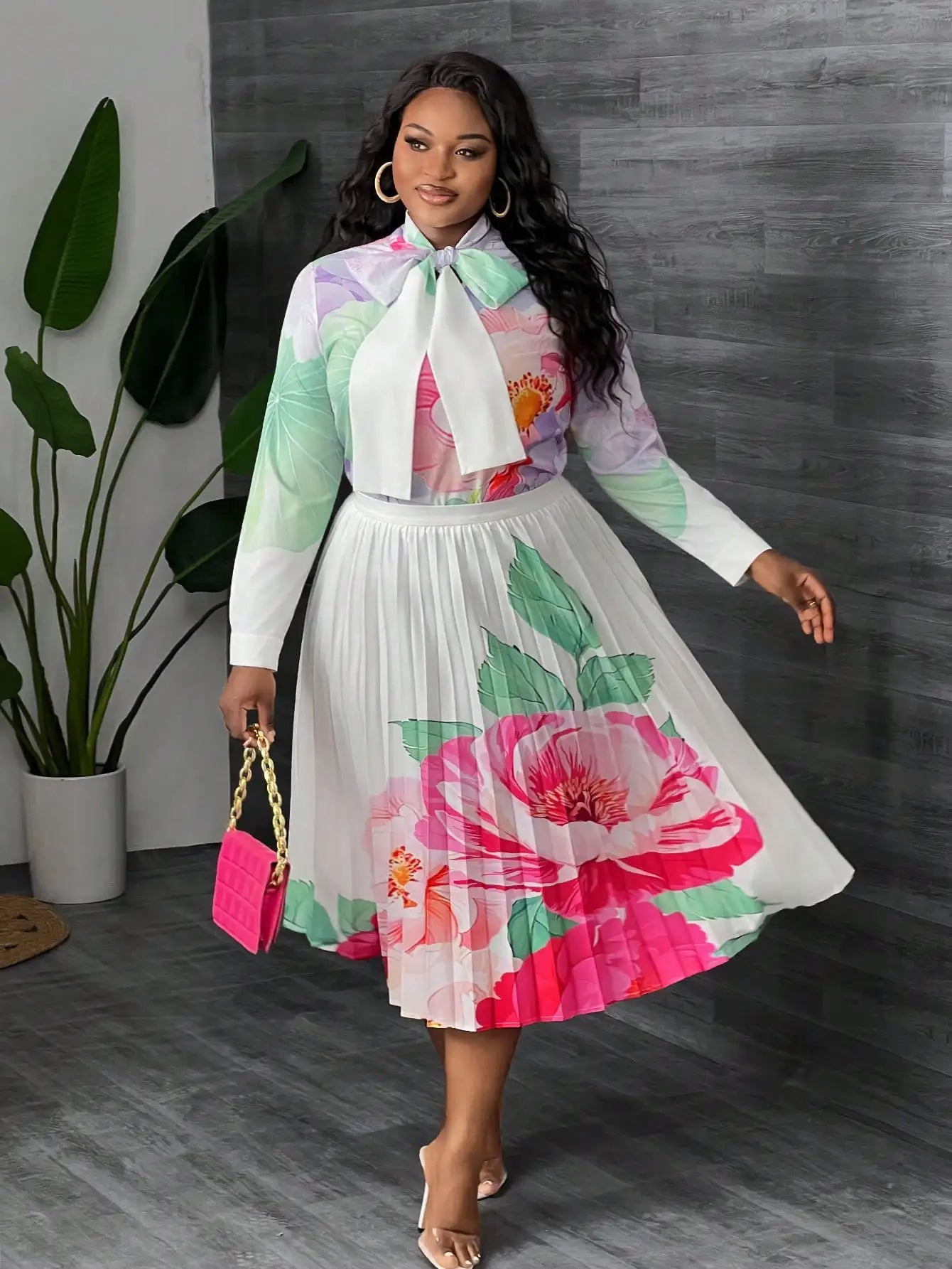 Slaydiva Plus Size Floral Print Blouse & Pleated A-Line Skirt Set for Women, Elegant Spring Summer Outfit