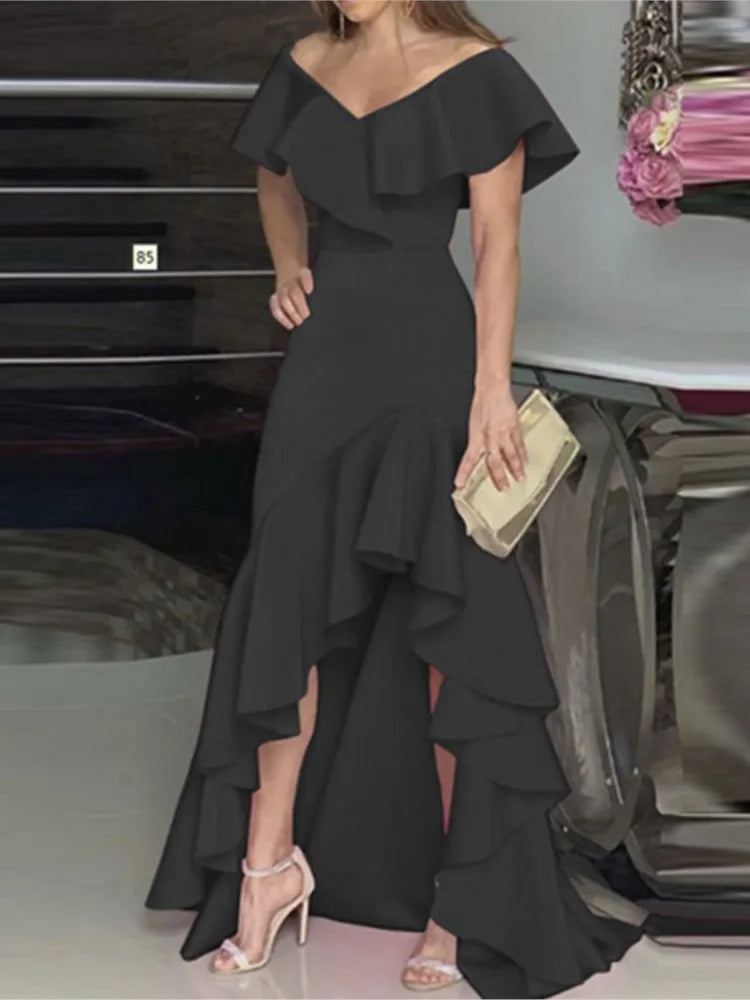 Summer Women Elegant Evening Long Dress 2025 Fashion Elegant V Neck Slim Wrap Hip Solid Color Party Prom Ruffle Sleeves Vestidos