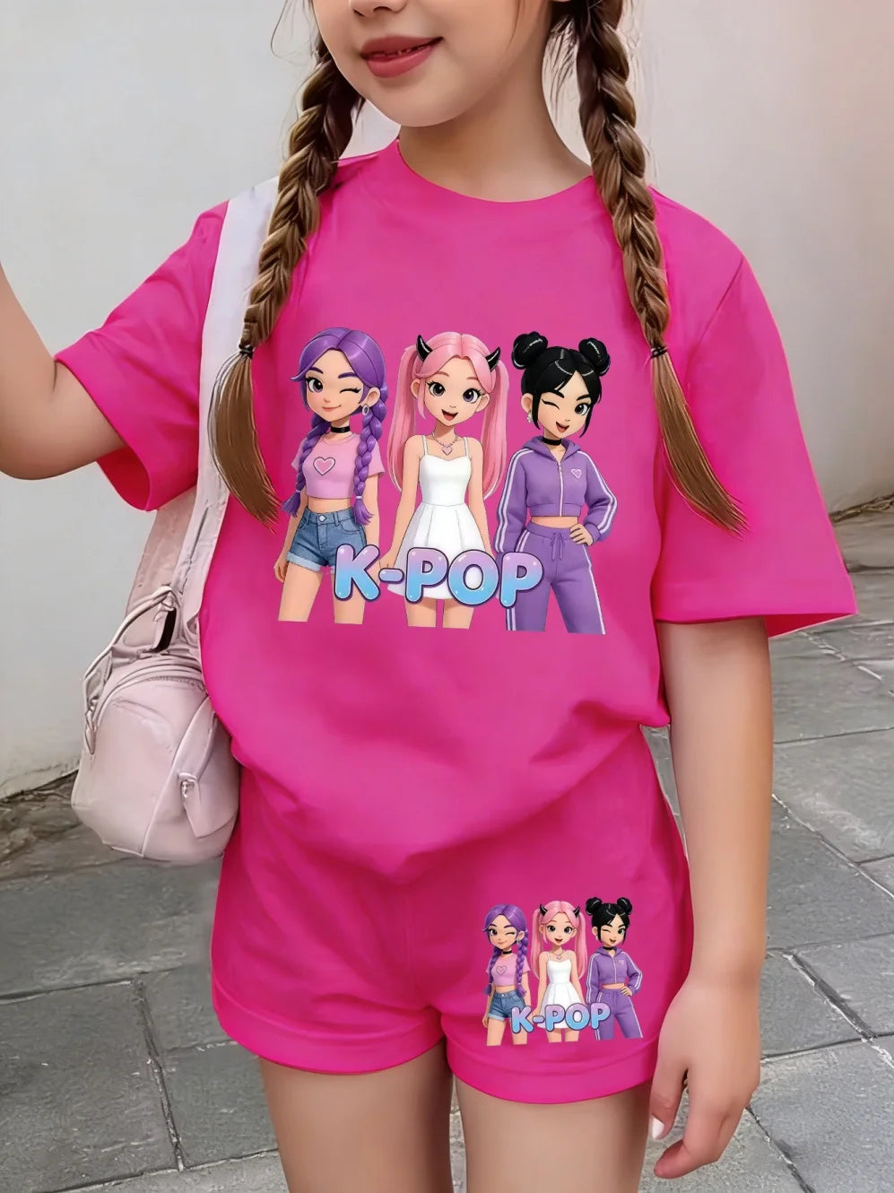 Summer Suit for Girl Fashion K-Pop Cartoon Girl Print Kids Set Outdoor Casual Streetwear Short Sleeves Teen Girl Clothes Suit