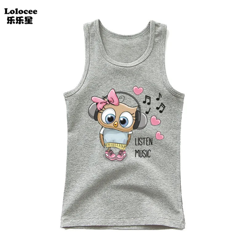 Girls Sleeveless Vest 2025 Summer New Sports Undershirt Cute Owl Print Cotton Tank Top for Kids 3-14 Years