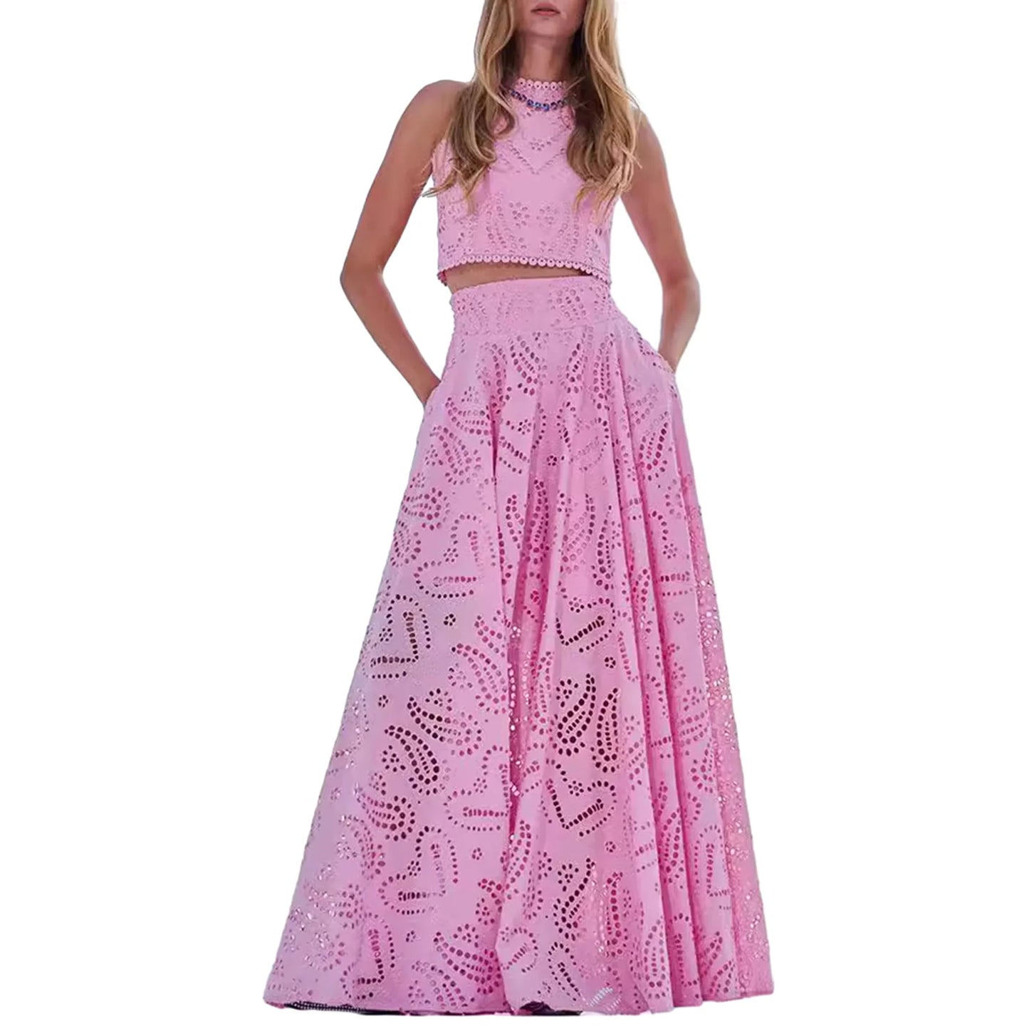 Women's Summer 2 Piece Outfits Tank Crop Tops Long Skirt Set Sleeveless Maxi Dress with Pocket Nightclub Party Dress