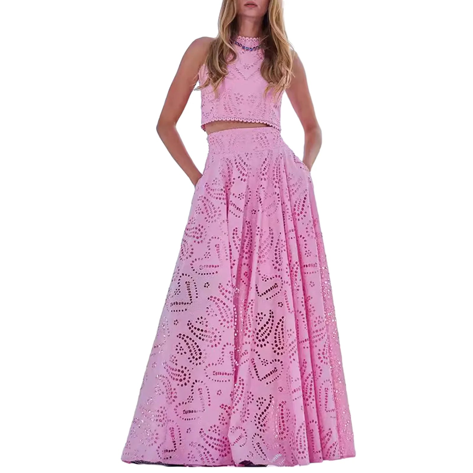 Women's Summer 2 Piece Outfits Tank Crop Tops Long Skirt Set Sleeveless Maxi Dress with Pocket Nightclub Party Dress