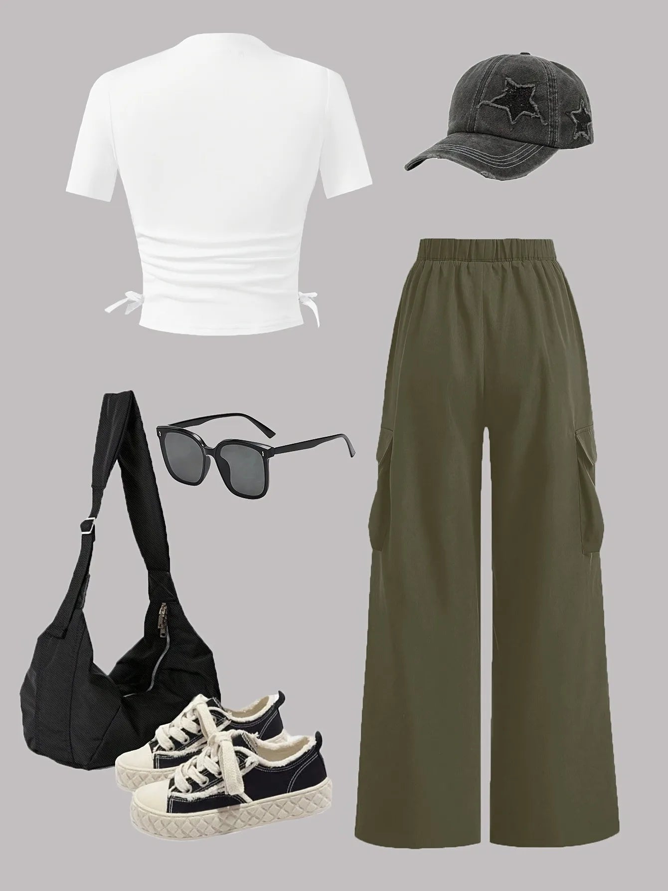 Trendy Tween Girls 2Pcs Star Print Ruched Crop Top & Olive Cargo Pants Set Kids Summer Streetwear Casual Co-Ord