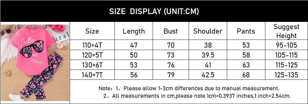 Summer Girls Clothing Sets 2024 New Cotton Fashion Short Sleeve T-shirt + Long Pants 2Pcs Suit for Kids Clothes 4 5 6 7 Years
