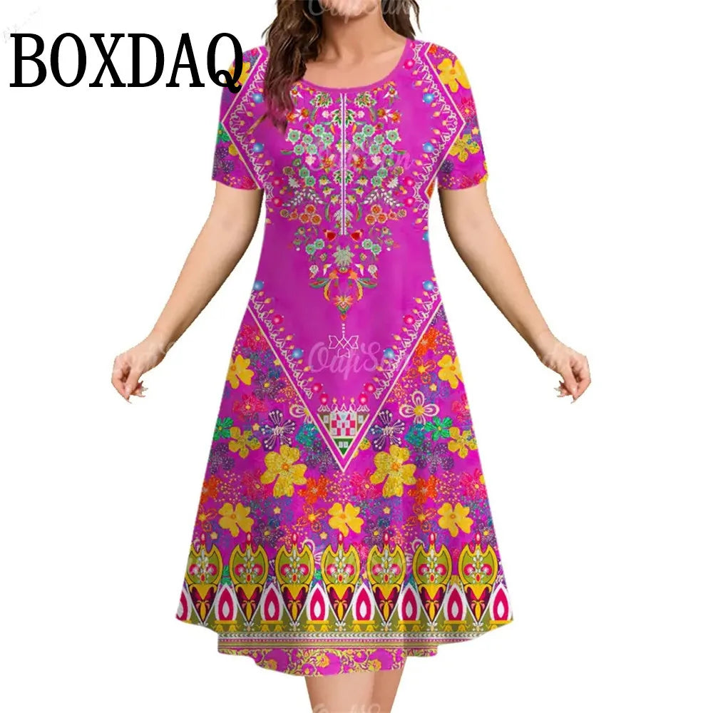 Summer Short Sleeve Clothing Colorful Print Women's Dresses 2025 Casual Fashion Plus Size Loose Pullover Elegant Dress For Woman