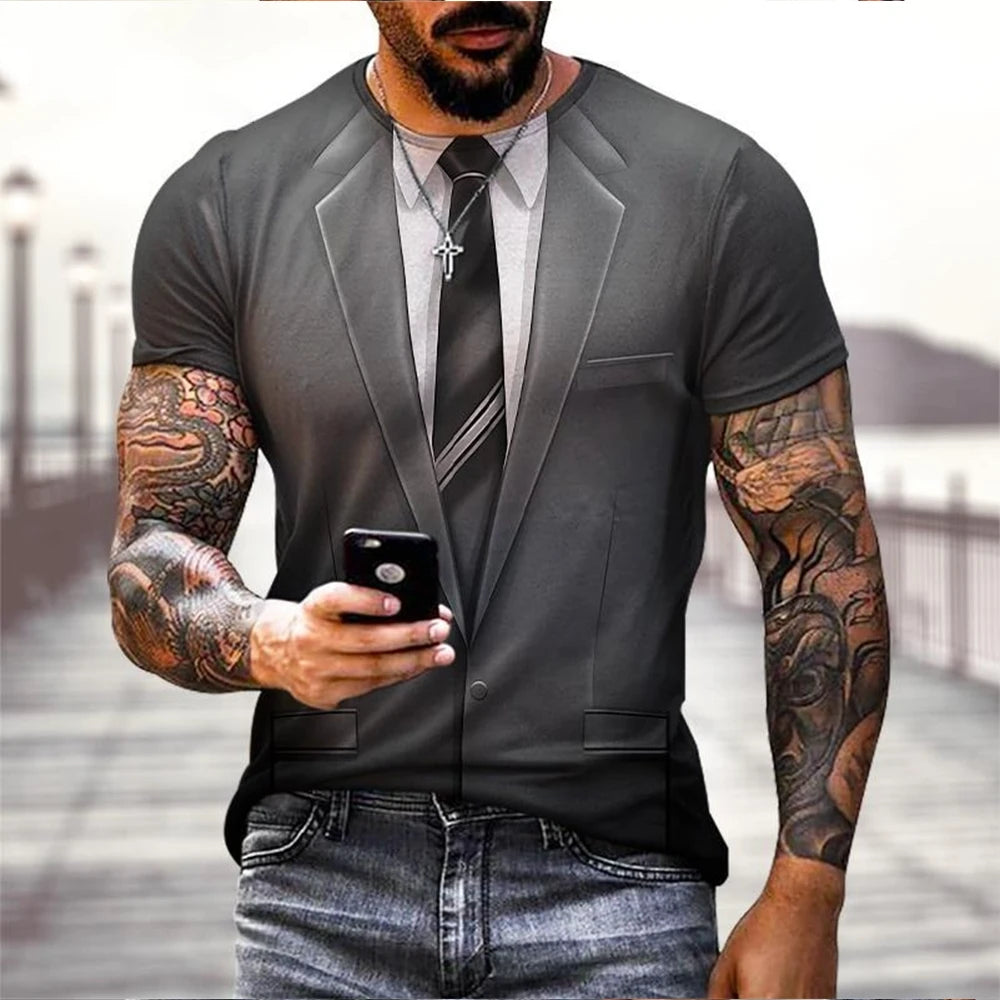 Summer fashion funny fake suit 3D printed T-shirt tailcoat tie T-shirt men's street short sleeved T-shirt