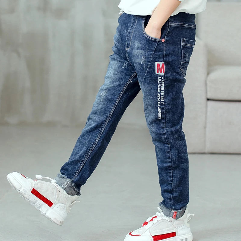 New Spring Autumn Boys Jeans Letter M Slim Fit Style Casual Long Trousers For Kids Handsome Children Birthday Present
