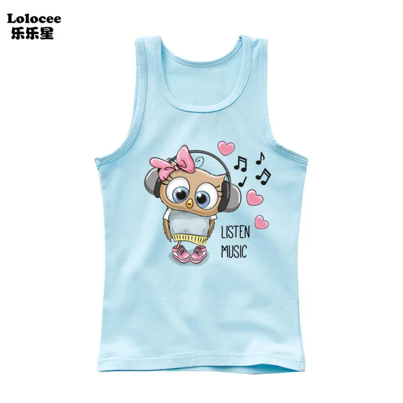 Girls Sleeveless Vest 2025 Summer New Sports Undershirt Cute Owl Print Cotton Tank Top for Kids 3-14 Years