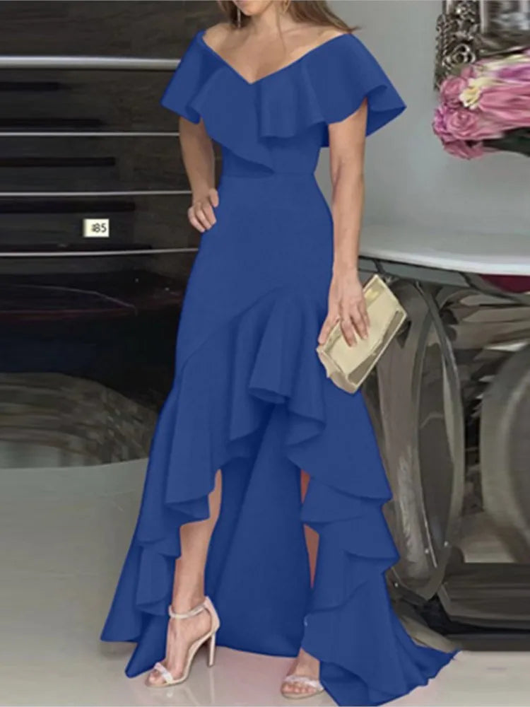Summer Women Elegant Evening Long Dress 2025 Fashion Elegant V Neck Slim Wrap Hip Solid Color Party Prom Ruffle Sleeves Vestidos