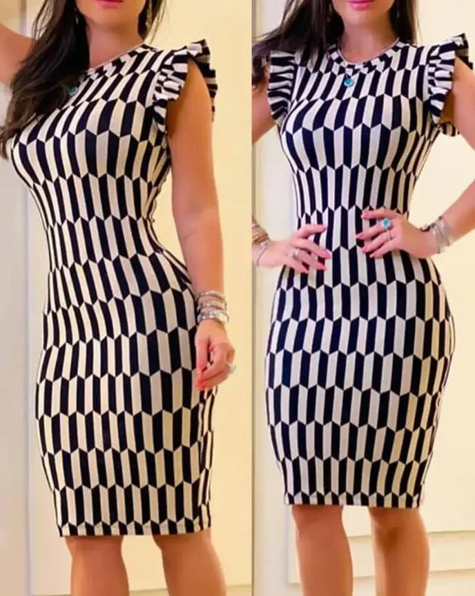 2025 Summer Women's Dresses Fashion Elegant Colorblock Round Neck Sleeveless Casual Bodycon Mini Daily Dress for Female