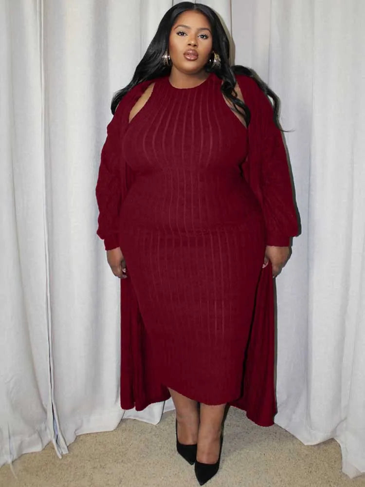 4x Plus Size Women Clothing Sets Autumn Long Cardigan Dress Suit Chic and Elegant Knitted Dress Suit Wholesale Dropshipping