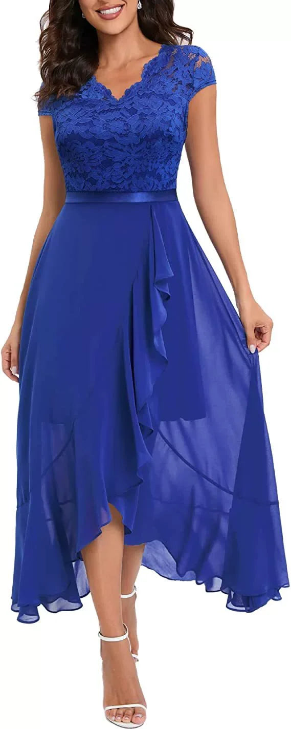 Women Evening Party Dress Summer Elegant Fashion Sleeveless Lace Spliced Chiffon Ruffled Irregular Hem Cocktail Long Dresses