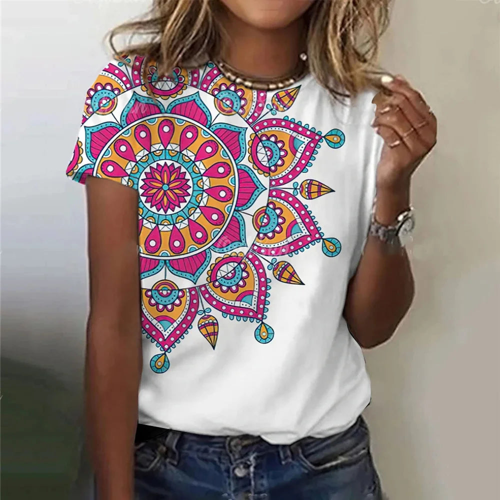 Summer Women Clothing T-shirt Crewneck Top Casual Comfort Short Sleeve Vintage Print Loose Breathable Clothing Women's T-shirt