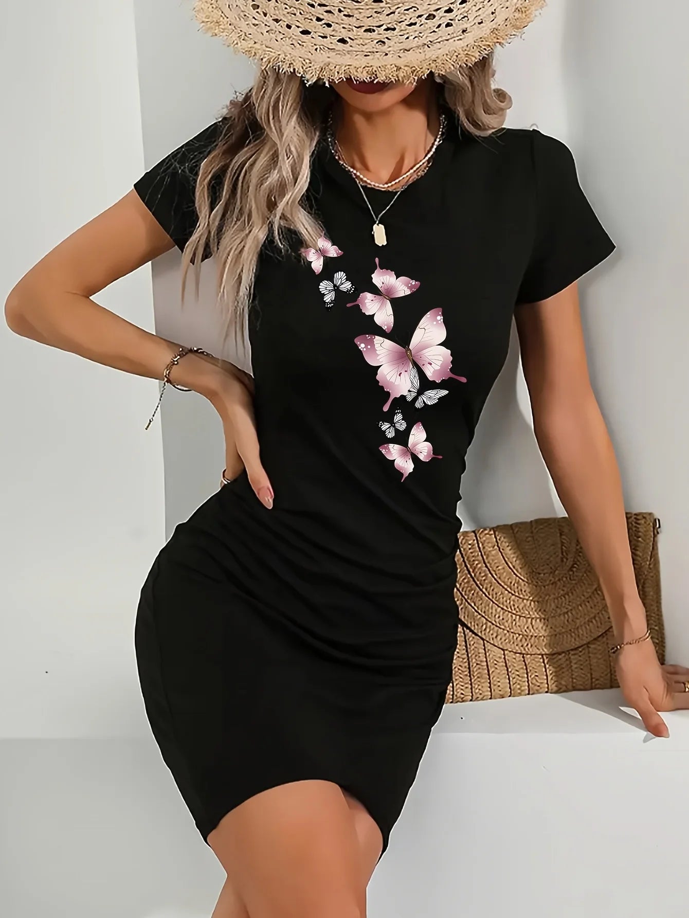 Summer women's bee bow pattern printed casual bag buttocks slim fit short sleeved round neck T-shirt mini dress