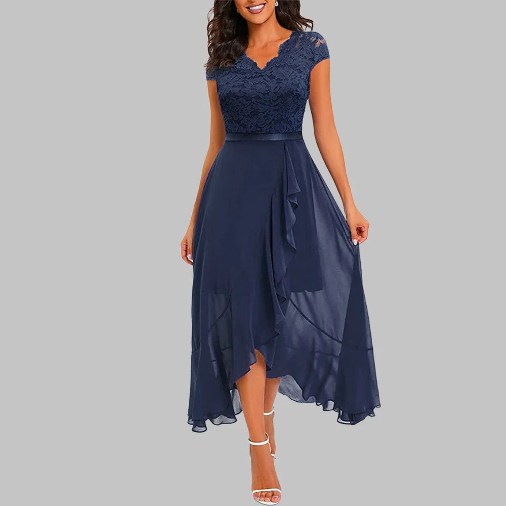 Women Evening Party Dress Summer Elegant Fashion Sleeveless Lace Spliced Chiffon Ruffled Irregular Hem Cocktail Long Dresses