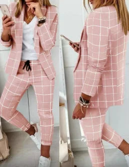 Office Two Piece Set for Women Shawl Collar Long Sleeve Daily Work Medium Stretch Plaid Print Blazer & Drawstring Ol Pants Set