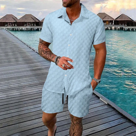 6 colors European and American new summer men's fashion pure color casual blended short-sleeved T-shirt shorts suit S-3XL size