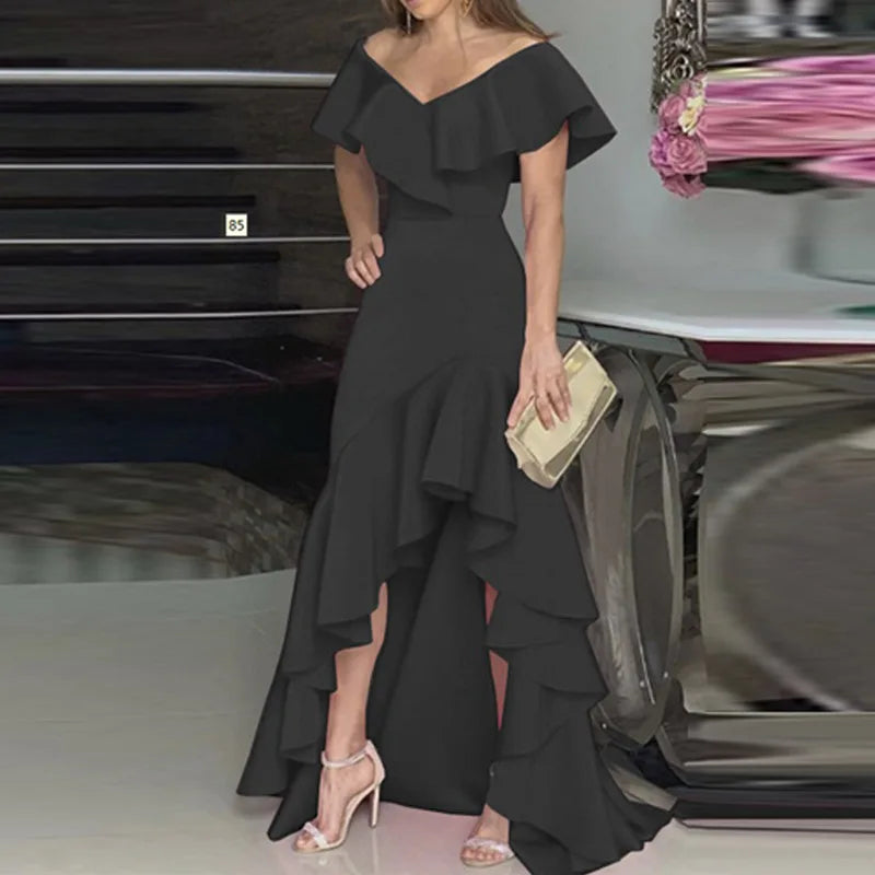 Summer Women Elegant Evening Long Dress 2025 Fashion Elegant V Neck Slim Wrap Hip Solid Color Party Prom Ruffle Sleeves Vestidos