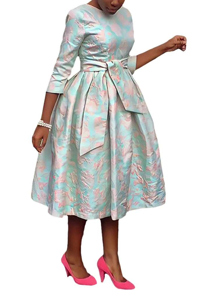 Women Print Midi Dress Cinched Waist Lace Up Splice Round Neck Dresses Casual A Line Elegant Vestidos Party Spring 2025