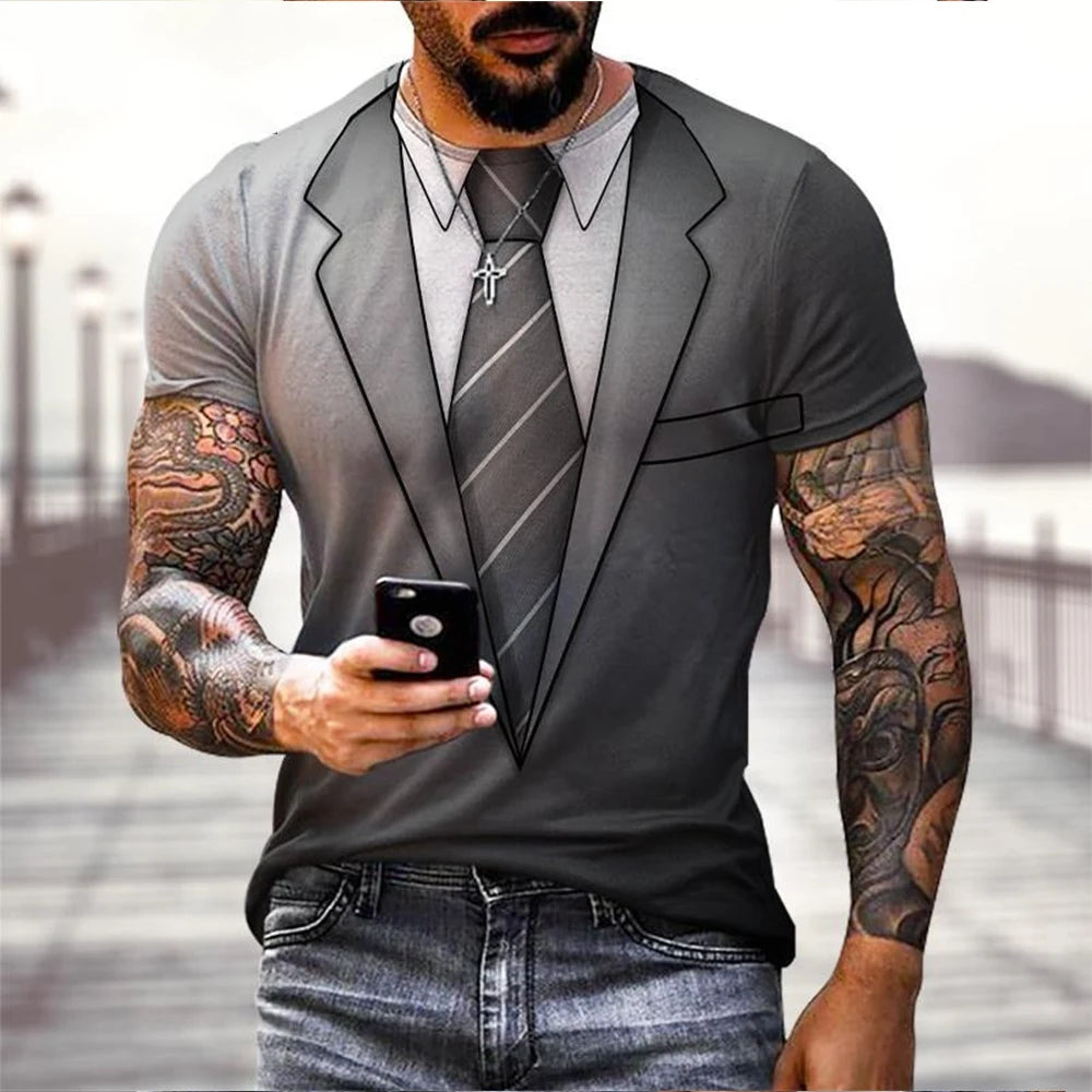 Summer fashion funny fake suit 3D printed T-shirt tailcoat tie T-shirt men's street short sleeved T-shirt