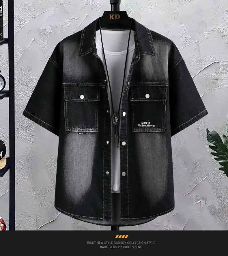 Summer 2025 Men Clothing Denim Short Sleeve Shirt Men's Retro Thin Light Blue Casual Top Student Half Sleeve Shirt with Pocket