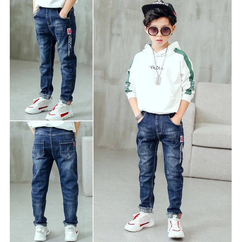 New Spring Autumn Boys Jeans Letter M Slim Fit Style Casual Long Trousers For Kids Handsome Children Birthday Present