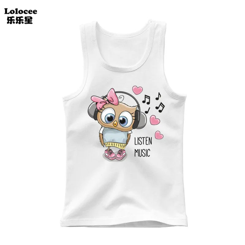 Girls Sleeveless Vest 2025 Summer New Sports Undershirt Cute Owl Print Cotton Tank Top for Kids 3-14 Years