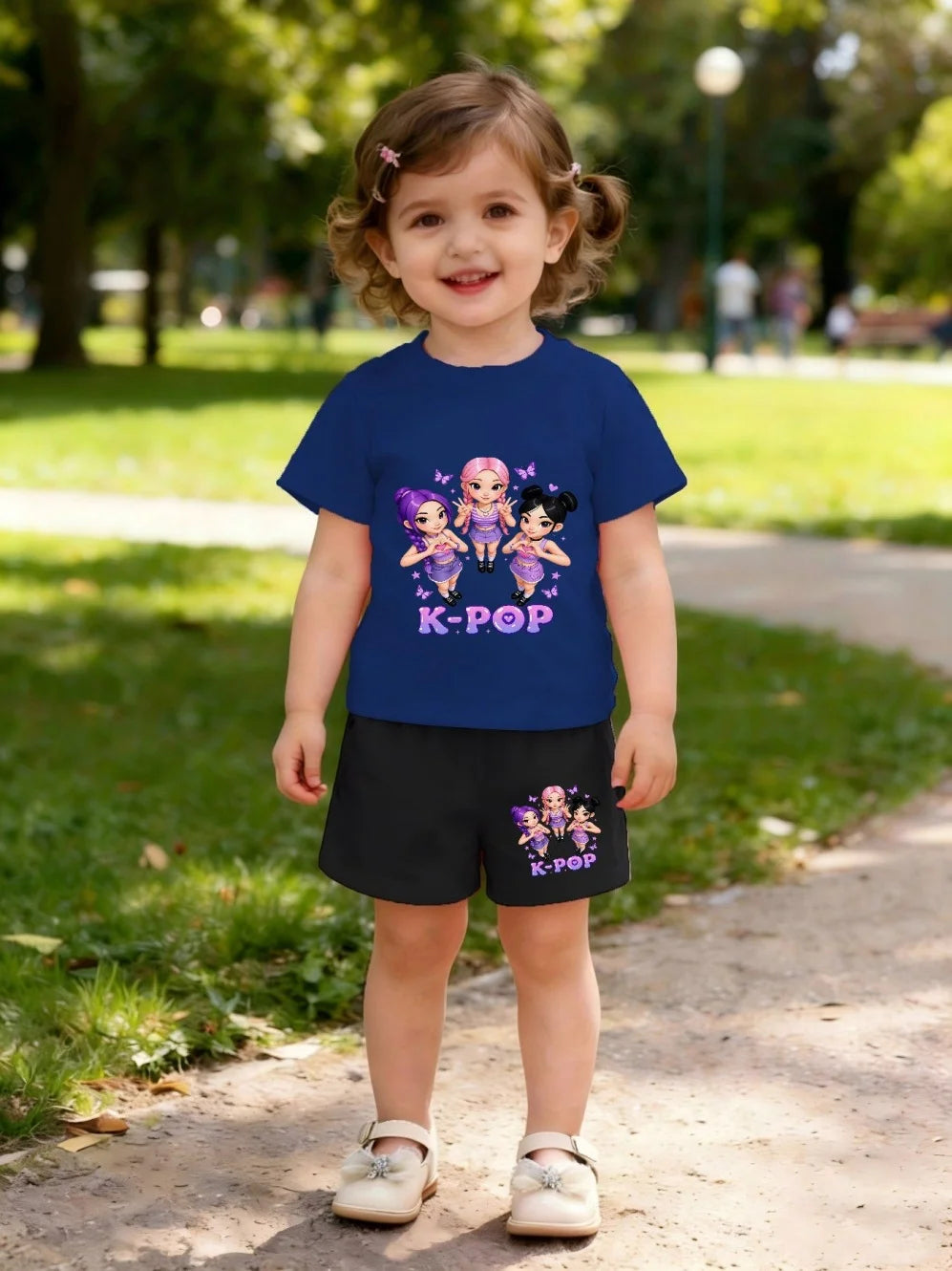 Summer Suit for Girl Fashion K-Pop Cartoon Girl Print Kids Set Outdoor Casual Streetwear Short Sleeves Teen Girl Clothes Suit