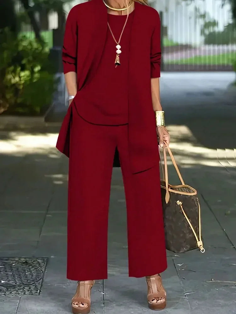 Women's Fashion Plus Size 1XL-5XL Three-Piece Outfit Set Ladies Casual Long Sleeve Cardigan Tank Top and Long Pants Outfits