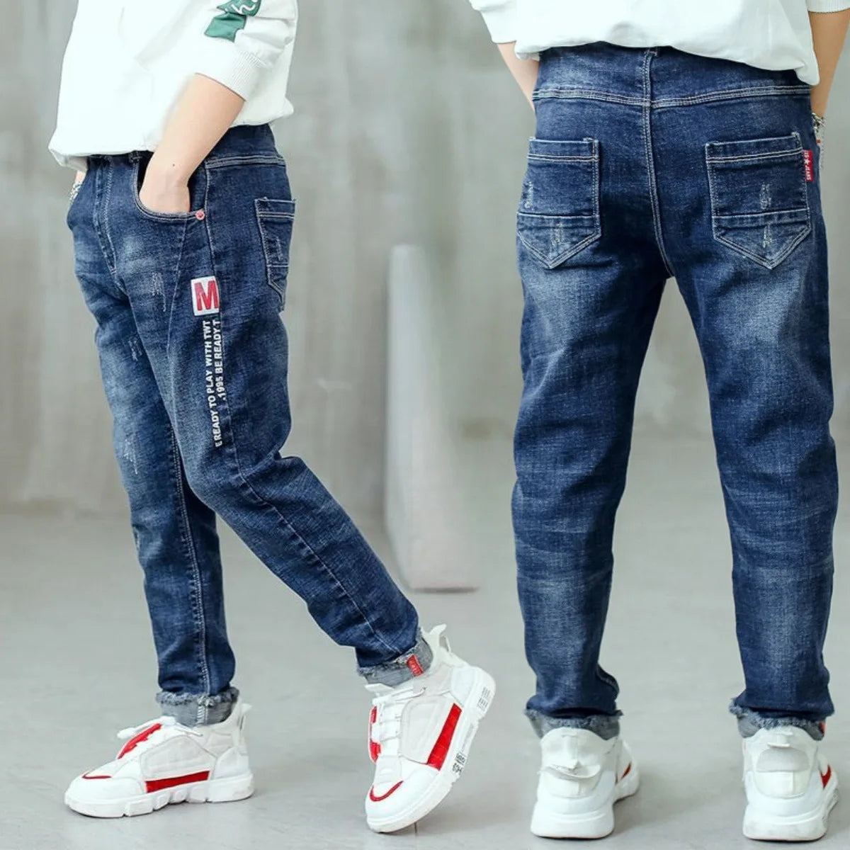 New Spring Autumn Boys Jeans Letter M Slim Fit Style Casual Long Trousers For Kids Handsome Children Birthday Present