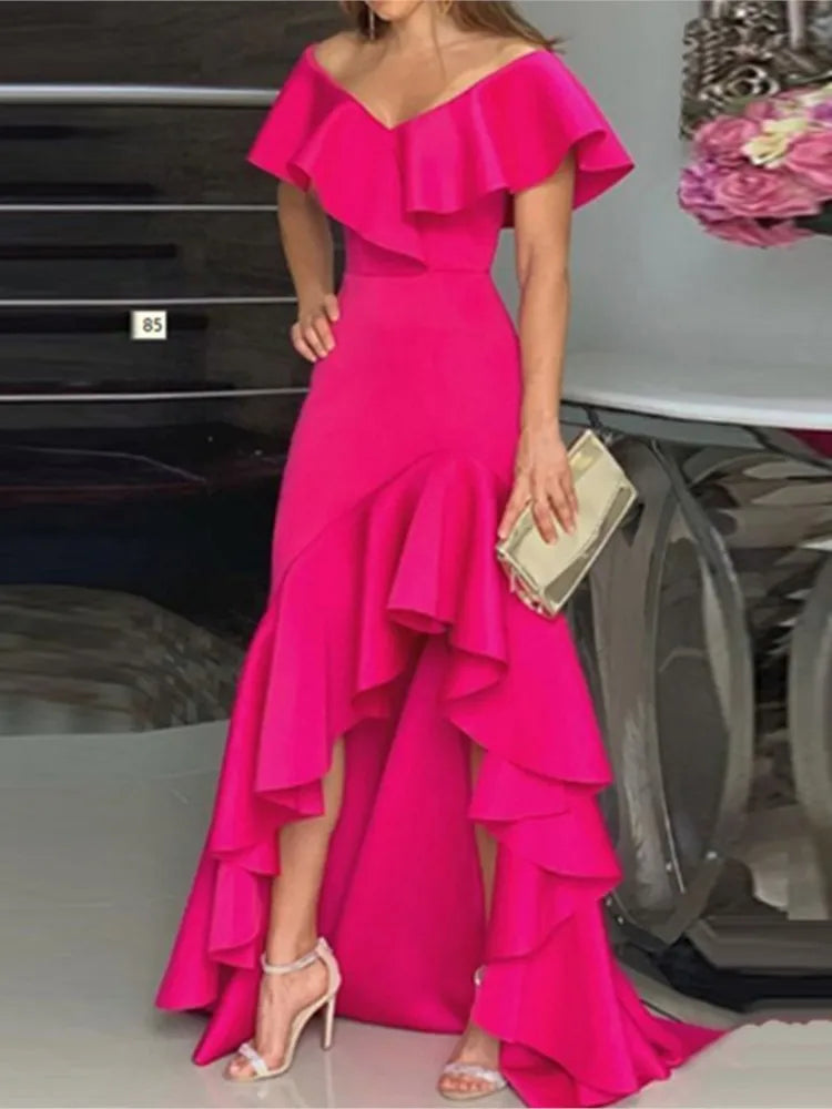 Summer Women Elegant Evening Long Dress 2025 Fashion Elegant V Neck Slim Wrap Hip Solid Color Party Prom Ruffle Sleeves Vestidos