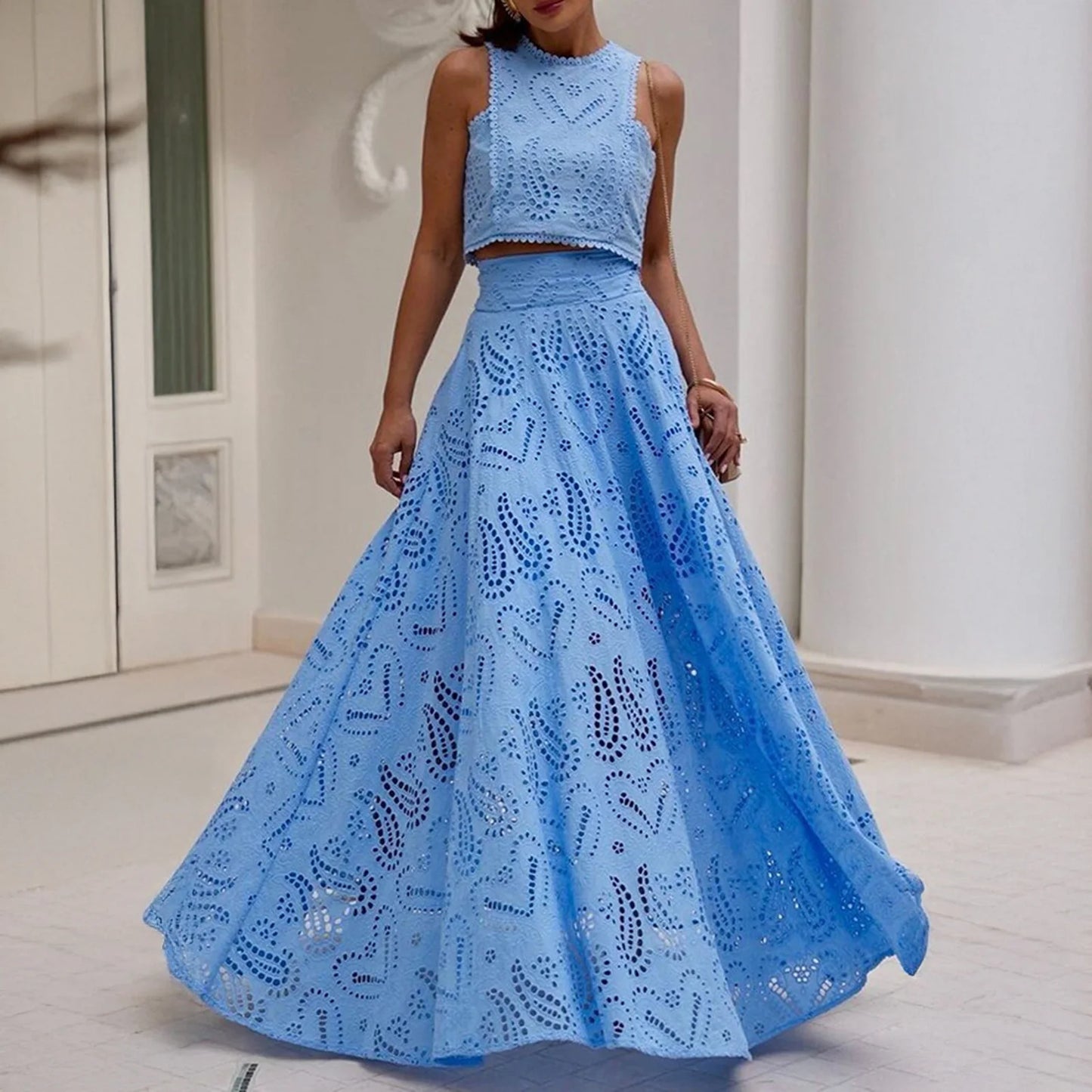 Women's Summer 2 Piece Outfits Tank Crop Tops Long Skirt Set Sleeveless Maxi Dress with Pocket Nightclub Party Dress