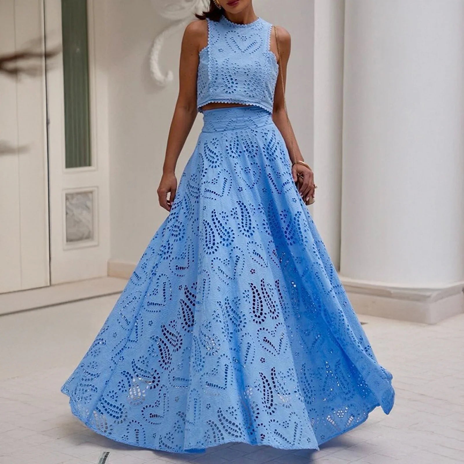 Women's Summer 2 Piece Outfits Tank Crop Tops Long Skirt Set Sleeveless Maxi Dress with Pocket Nightclub Party Dress