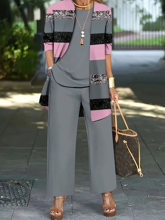 Women's Fashion Plus Size 1XL-5XL Three-Piece Outfit Set Ladies Casual Long Sleeve Cardigan Tank Top and Long Pants Outfits