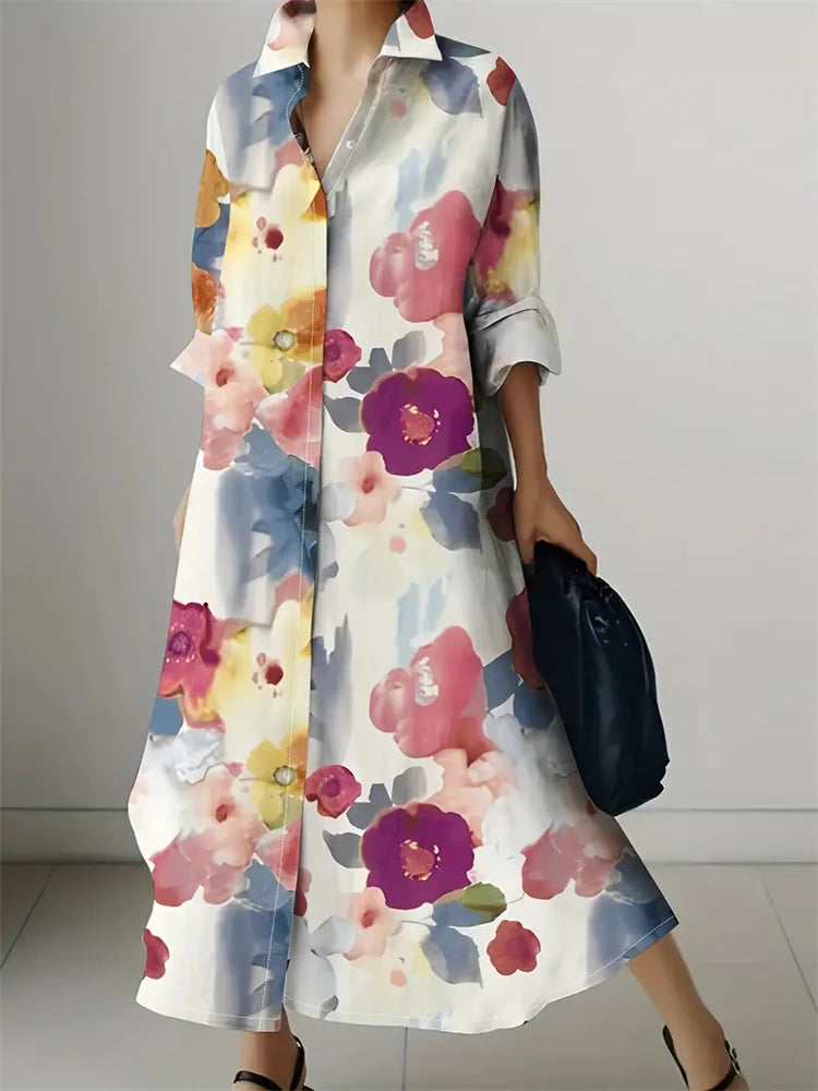 2024 Delicate Texture Ladies Autumn Long Cufflink Shirtdress Elegant Ladies Party Mid-length Dress New Women's Casual Home Wear