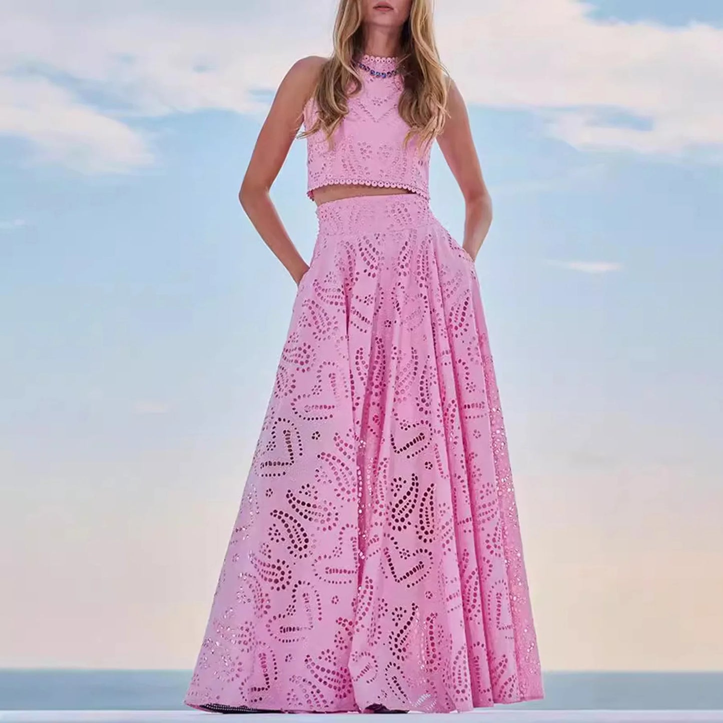 Women's Summer 2 Piece Outfits Tank Crop Tops Long Skirt Set Sleeveless Maxi Dress with Pocket Nightclub Party Dress