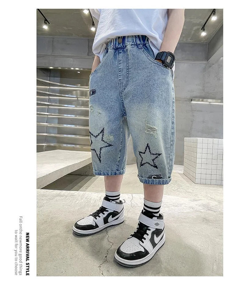Boys Straight Denim Shorts Summer Children Casual Wide-leg Knee Length Pants Teenage Jean Short Trousers Kids Clothing 5-14 Year