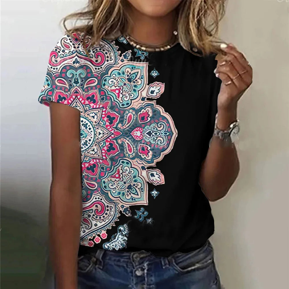 Summer Women Clothing T-shirt Crewneck Top Casual Comfort Short Sleeve Vintage Print Loose Breathable Clothing Women's T-shirt