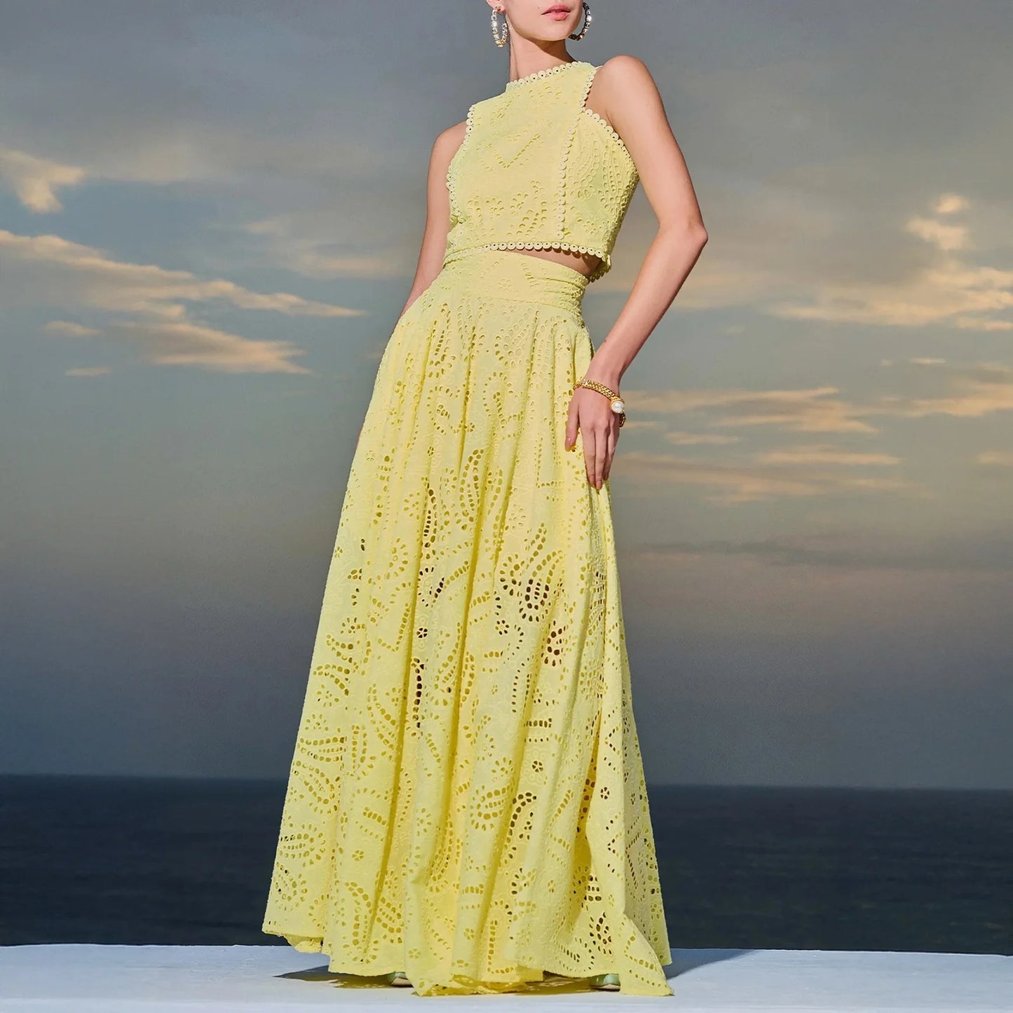 Women's Summer 2 Piece Outfits Tank Crop Tops Long Skirt Set Sleeveless Maxi Dress with Pocket Nightclub Party Dress