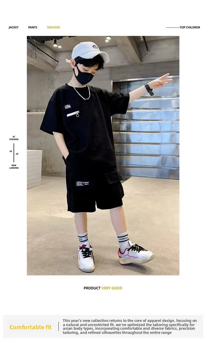 Summer Kids Boys T-Shirt+Shorts 2-Piece Set Letter Printing Children Teen Loose Comfortable Sports Casual Clothes 4-14 Years Old