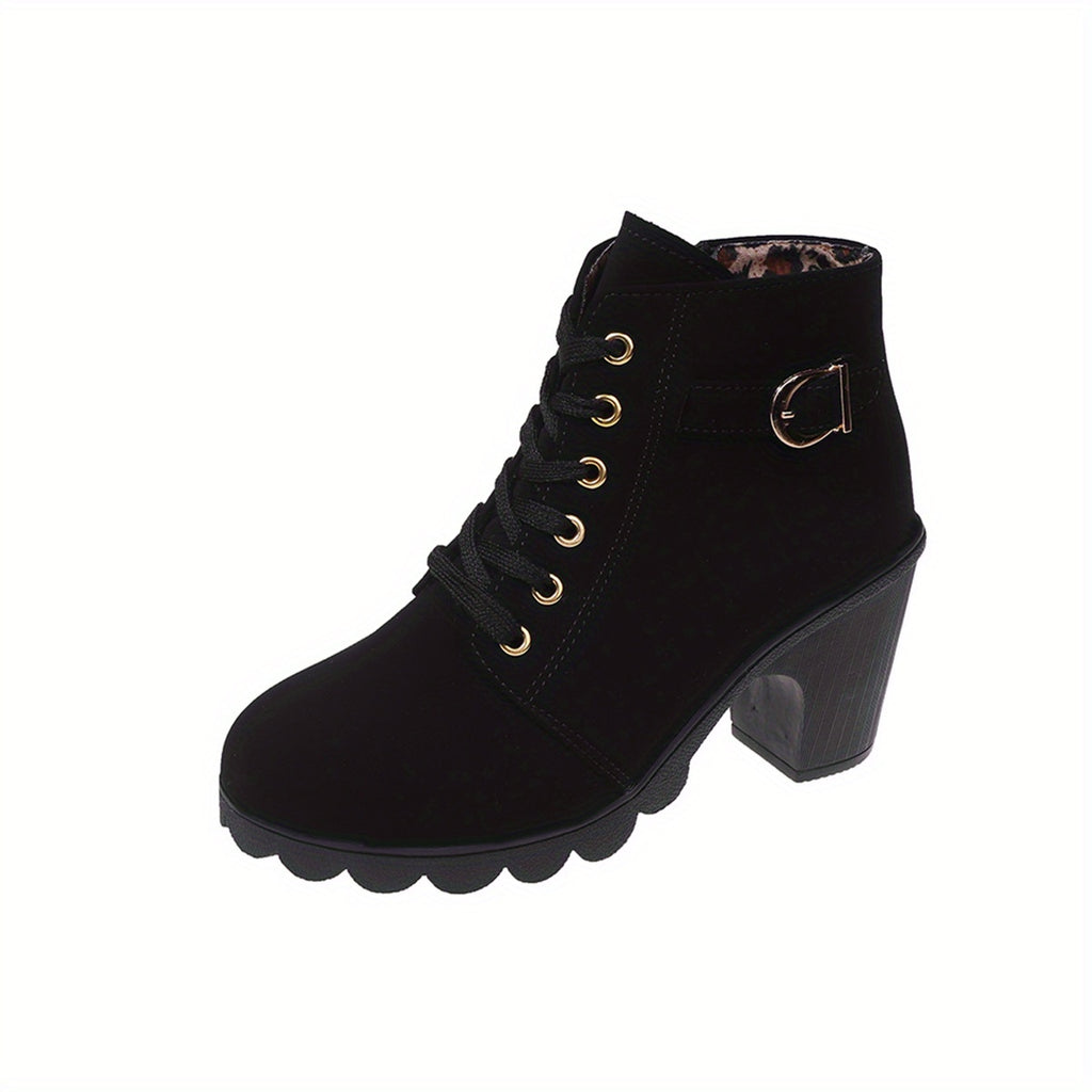 Women's Chunky Heel Ankle Boots - Black Faux Cover Lace-Up Side Zipper Booties with Golden Accents, Cap Toe & Comfortable Block Heel for Casual Outings