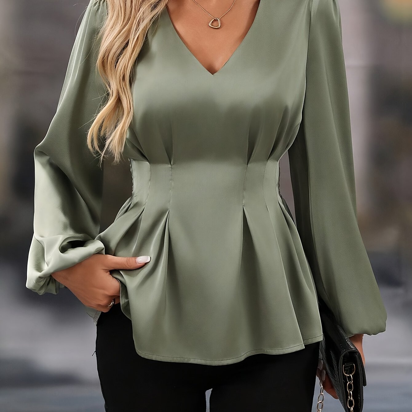Women'S Elegant V-Neck Blouse - Long Sleeve Office & Formal Shirt, All-Season Chic Blouse for Women, Professional Everyday & Special Events - Women'S Blouse in, Versatile Fashion, Sophisticated Design, Smooth Fabric, Work Att