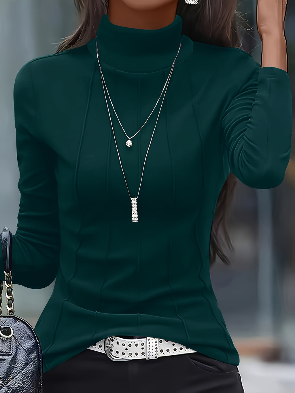 Plus Size, Size Solid Color Turtleneck Slim Fit Long Sleeve T-Shirt - Size Friendly High-Elasticity Fabric, Round Neck Suitable for Spring/Autumn, Casual & Elegant Layering Piece, Hand Washable - Top