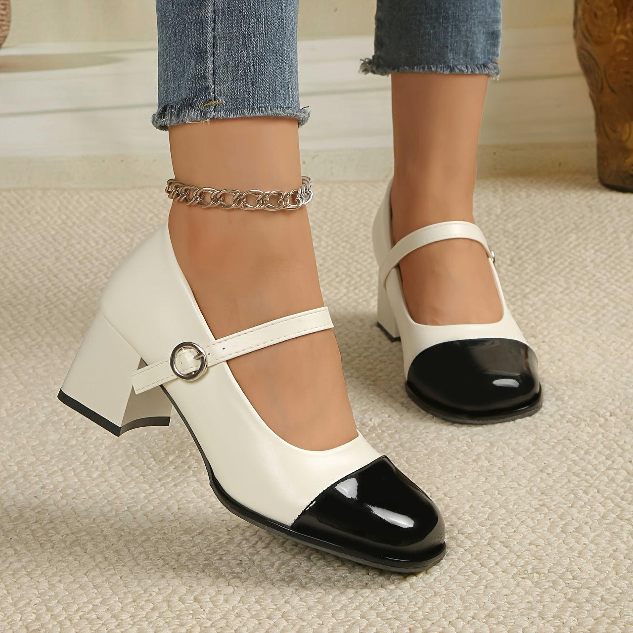 Women's White & Black Mary Jane Shoes with Chunky Block Heel - Glossy Faux Cover Round-Toe, Golden Buckle Strap & Low-Cut Lace-Like Closure (No Laces) - All-Season Dress Shoes for, Parties, Casual Attire (Rubber Sole), Shoes