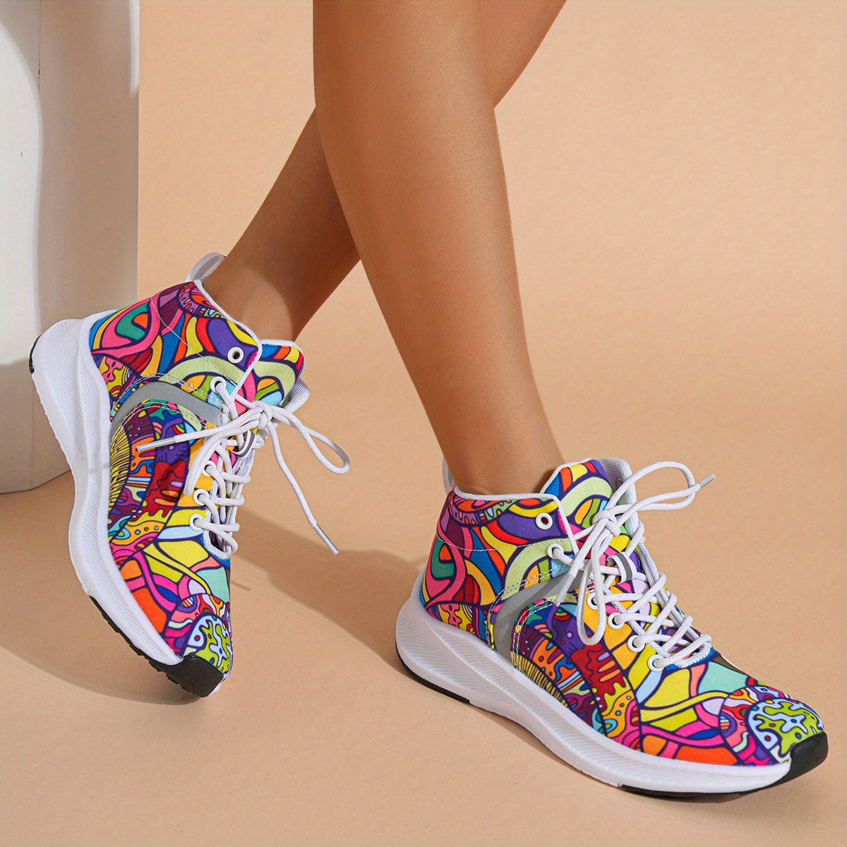 [Reflective Sneakers] Lightweight, Reflective Women's Hand-Painted Cartoon Print High-Top Sneakers | Lace-Up Casual Shoes with Soft Fabric Upper & EVA/Rubber Sole for North American & Mexican Fashion - Winter-Ready