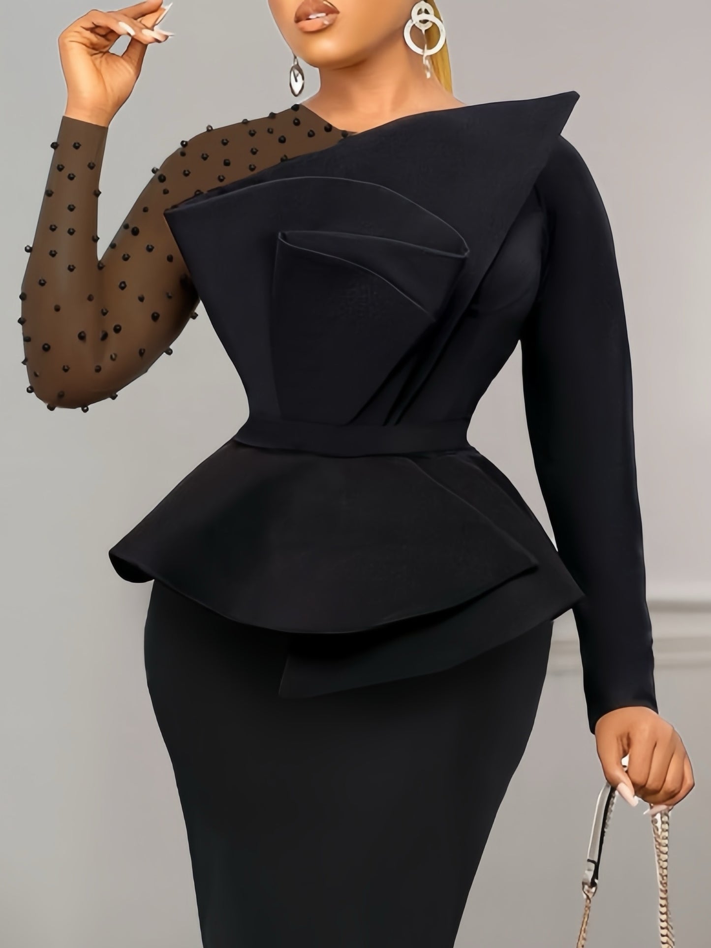 Women'S Elegant Contrast Mesh Sleeve Dress with Pearl Embellishments - Black & White Available, Asymmetric Ruffle Design, Peplum Waist, Ideal for Formal Occasions, Going Out, Weddings & Dates