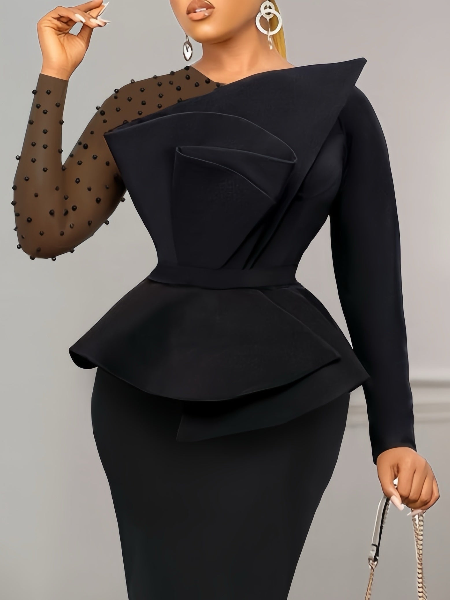 Women'S Elegant Contrast Mesh Sleeve Dress with Pearl Embellishments - Black & White Available, Asymmetric Ruffle Design, Peplum Waist, Ideal for Formal Occasions, Going Out, Weddings & Dates
