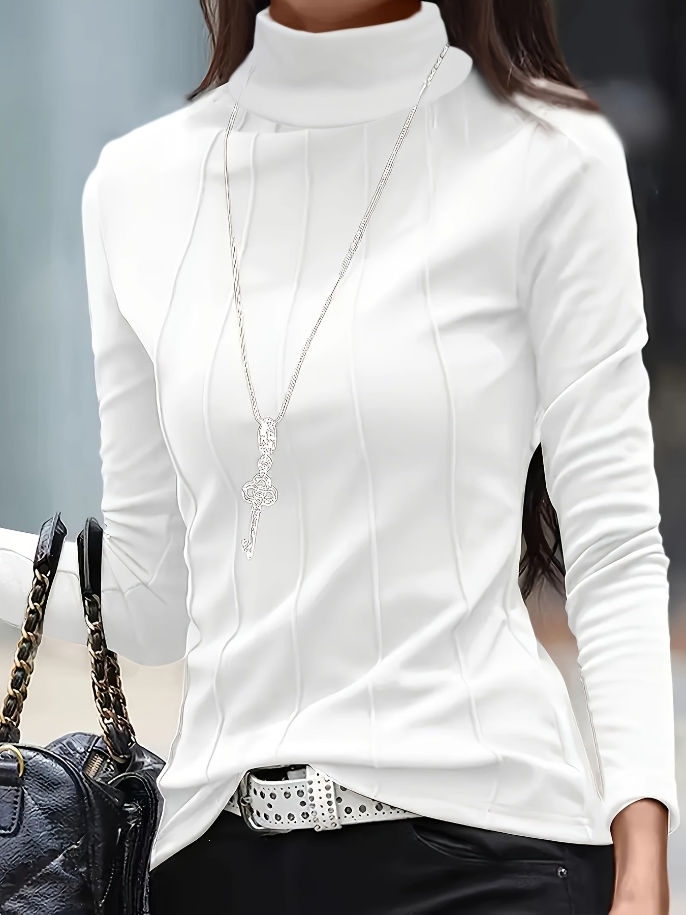 Plus Size, Size Solid Color Turtleneck Slim Fit Long Sleeve T-Shirt - Size Friendly High-Elasticity Fabric, Round Neck Suitable for Spring/Autumn, Casual & Elegant Layering Piece, Hand Washable - Top