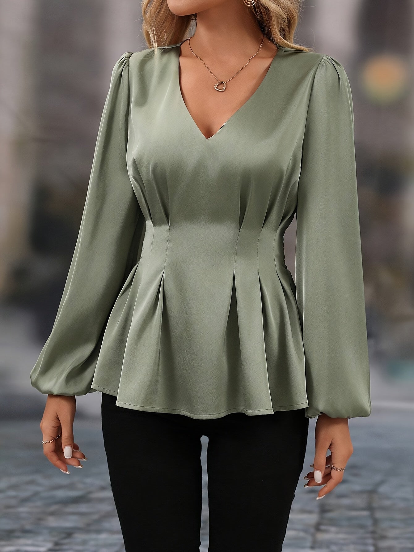 Women'S Elegant V-Neck Blouse - Long Sleeve Office & Formal Shirt, All-Season Chic Blouse for Women, Professional Everyday & Special Events - Women'S Blouse in, Versatile Fashion, Sophisticated Design, Smooth Fabric, Work Att